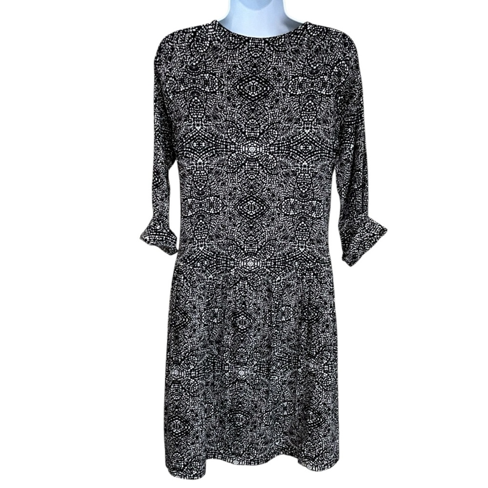 GARNET HILL Size 6 Black and White Print Long Sleeve Midi Dress Drop Waist - Picture 7 of 11